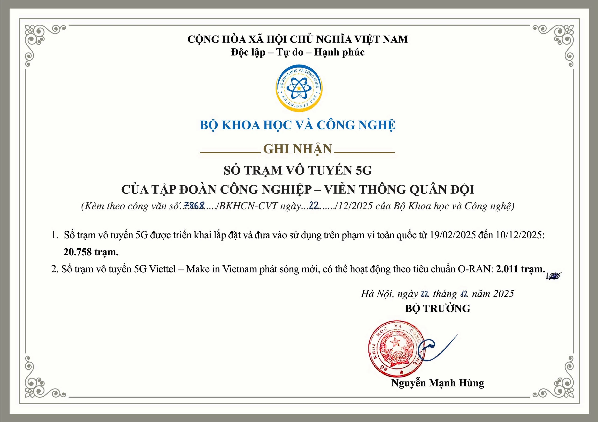 Viettel hoàn thành cam kết triển khai mạng 5G
